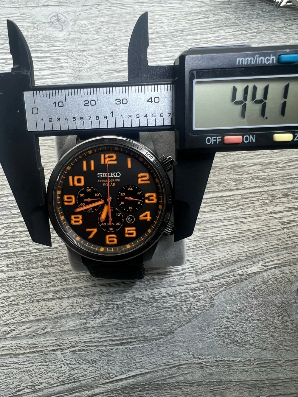 Seiko Black Dial Chronograph Watch with Orange Accents
